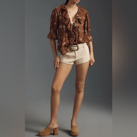 Anthropologie Ruffled Pin-Tuck Brown Floral Blouse L - Picture 3 of 15